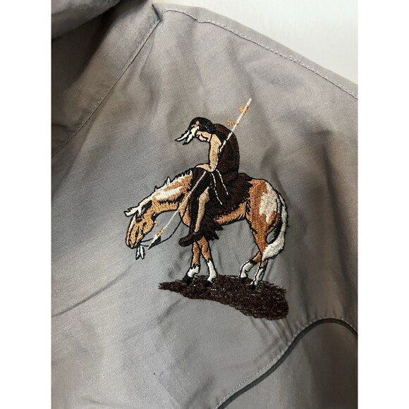 Mens L Vintage Ely Diamond Gray Shirt With Indian On Horse Snap Western Shirt - Picture 3 of 7